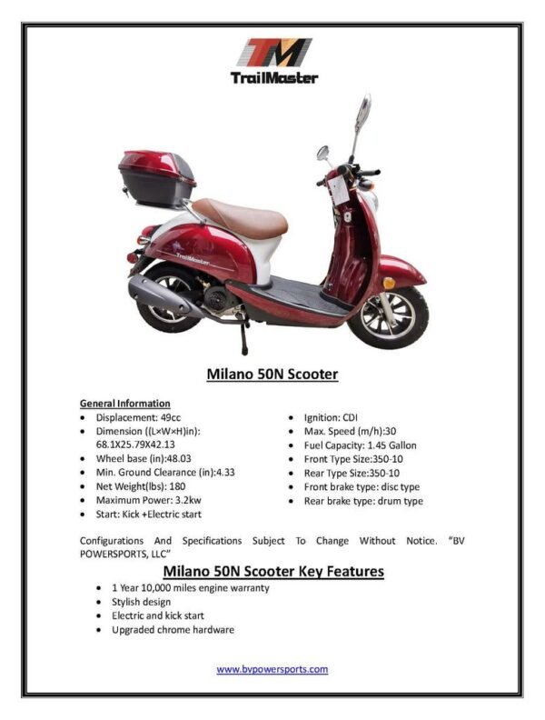 Trailmaster Milano 50N Stylish Design Scooter, Upgraded Chrome Hardware, Electric and Kick Start, LED Headlight - Image 10