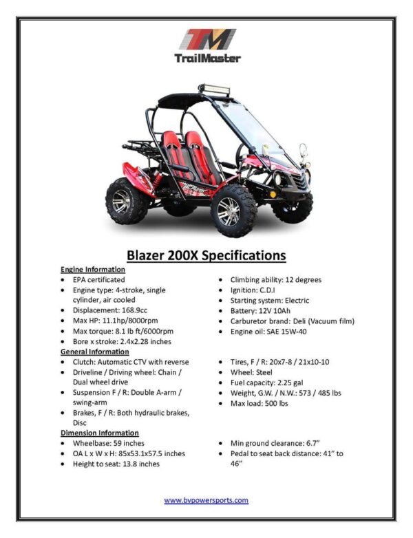 Trailmaster Blazer 200X Full-Size Go-Kart, Automatic CVT with Reverse, 4-Stroke, Single Cylinder, Air-Cooled, Electric Start - Image 6
