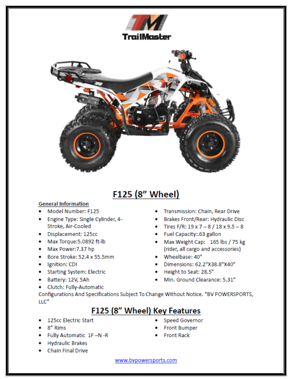 TrailMaster F125 125cc Youth ATV, 4-Stroke, Air-Cooled, Automatic with Reverse, Electric Start, 8″ Wheels, Throttle Limiter - Image 4